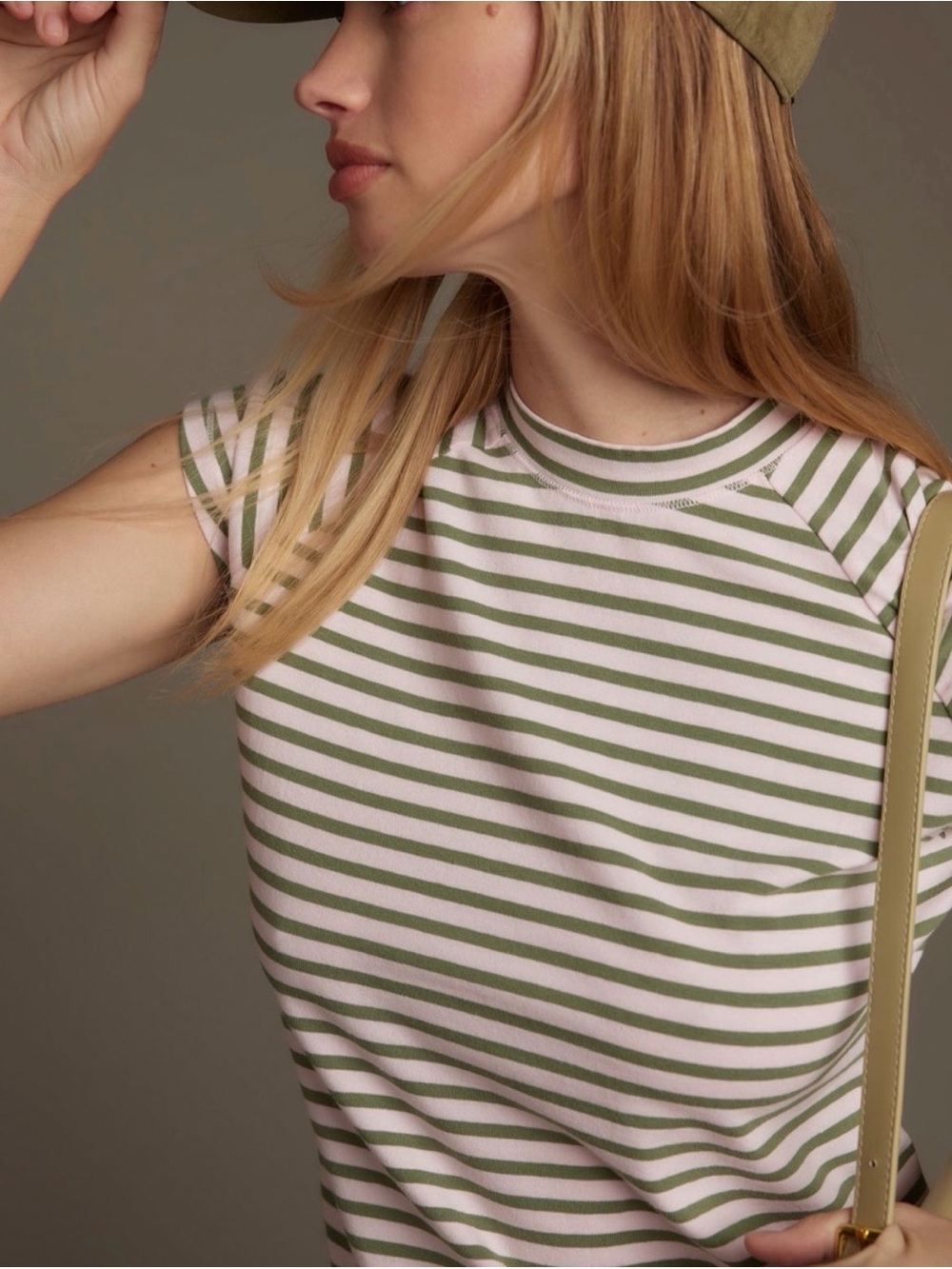 Pilcro Olive Green and Blush Pink Striped Cap-Sleeve Tee Size L Anthropologie - Picture 6 of 7